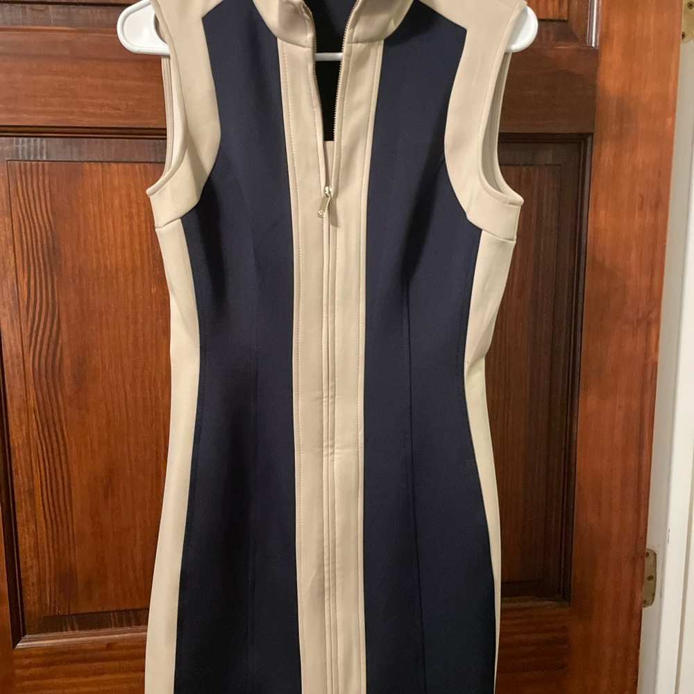 Tommy Hilfiger Blue And Cream Sleeveless Pencil Dress Full Zip No Belt
